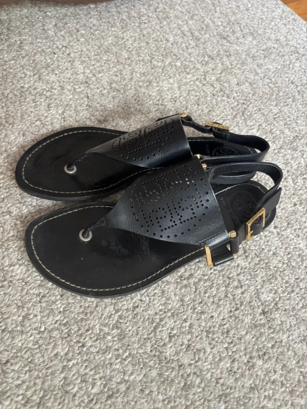 Tory Burch Black Perforated Logo Thong Sandals with Gold Hardware